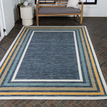 Pollux Classic Coastal Mitred Stripe Reversible Machine-Washable Indoor/Outdoor Area Rug